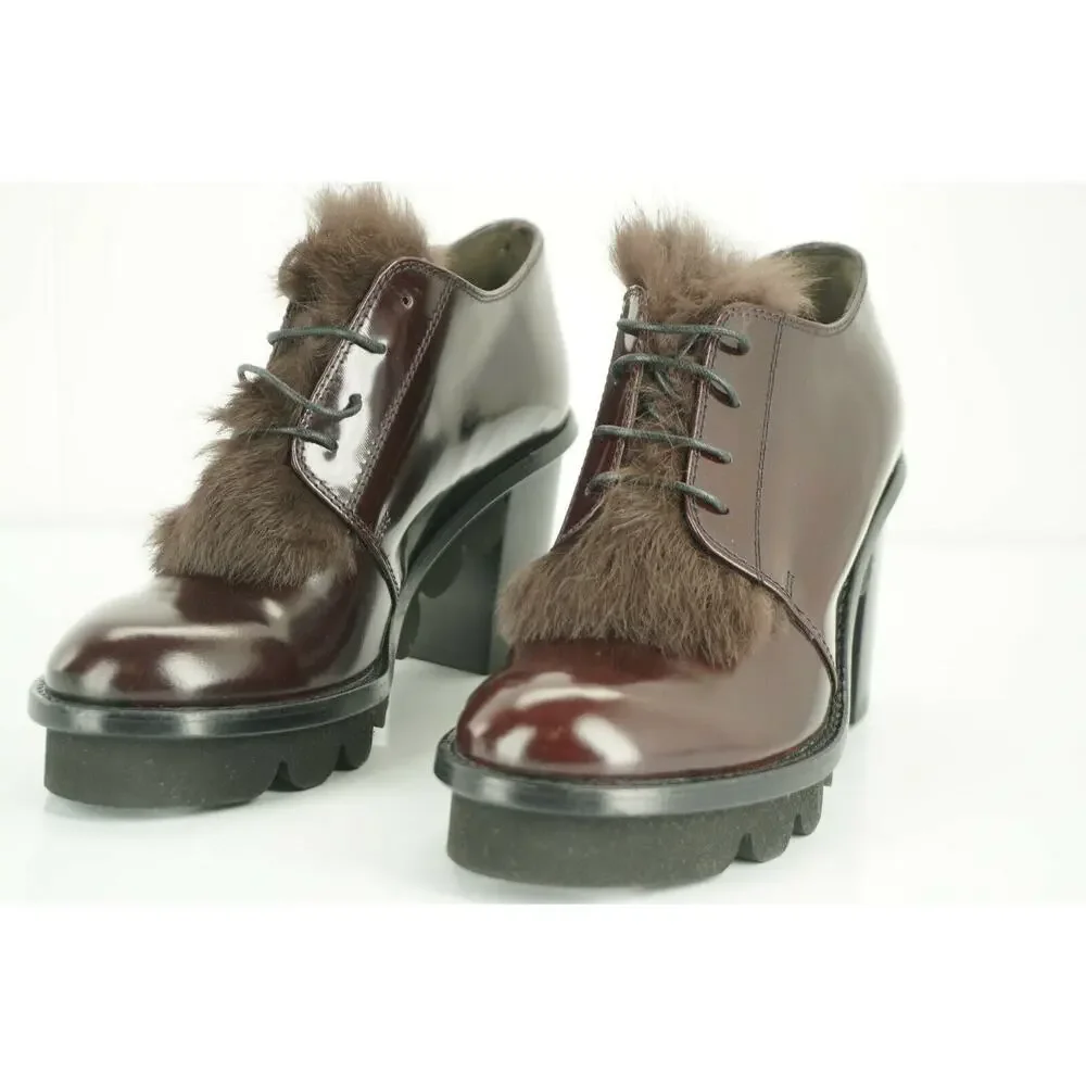 Attilio Giusti Leombruni Leather Rolo Fur Trim Oxford Heel Pumps Size 35 AGL NIB